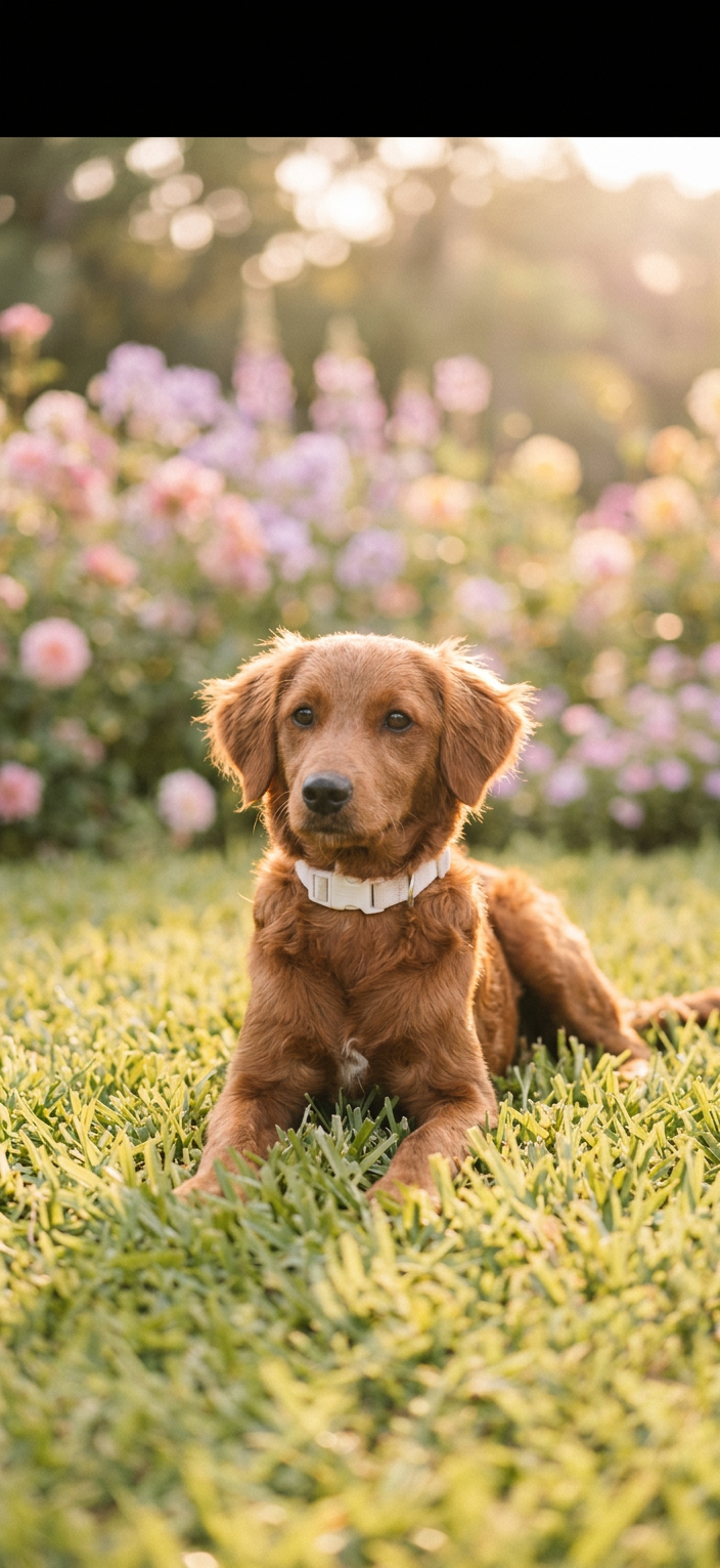 Maggie the mini Goldendoodle lying in grass
